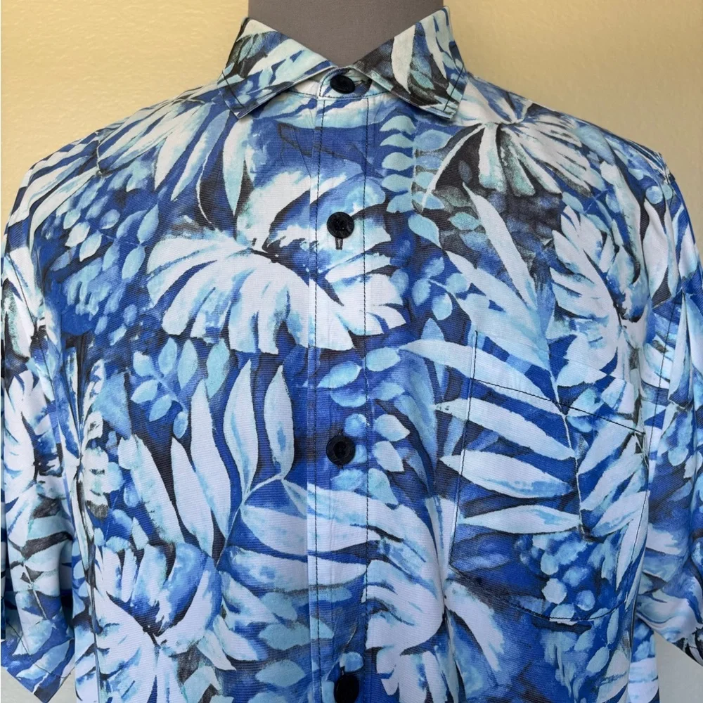 Tommy Bahama Blue and White Leaf Print Shirt - Picture 3 of 10